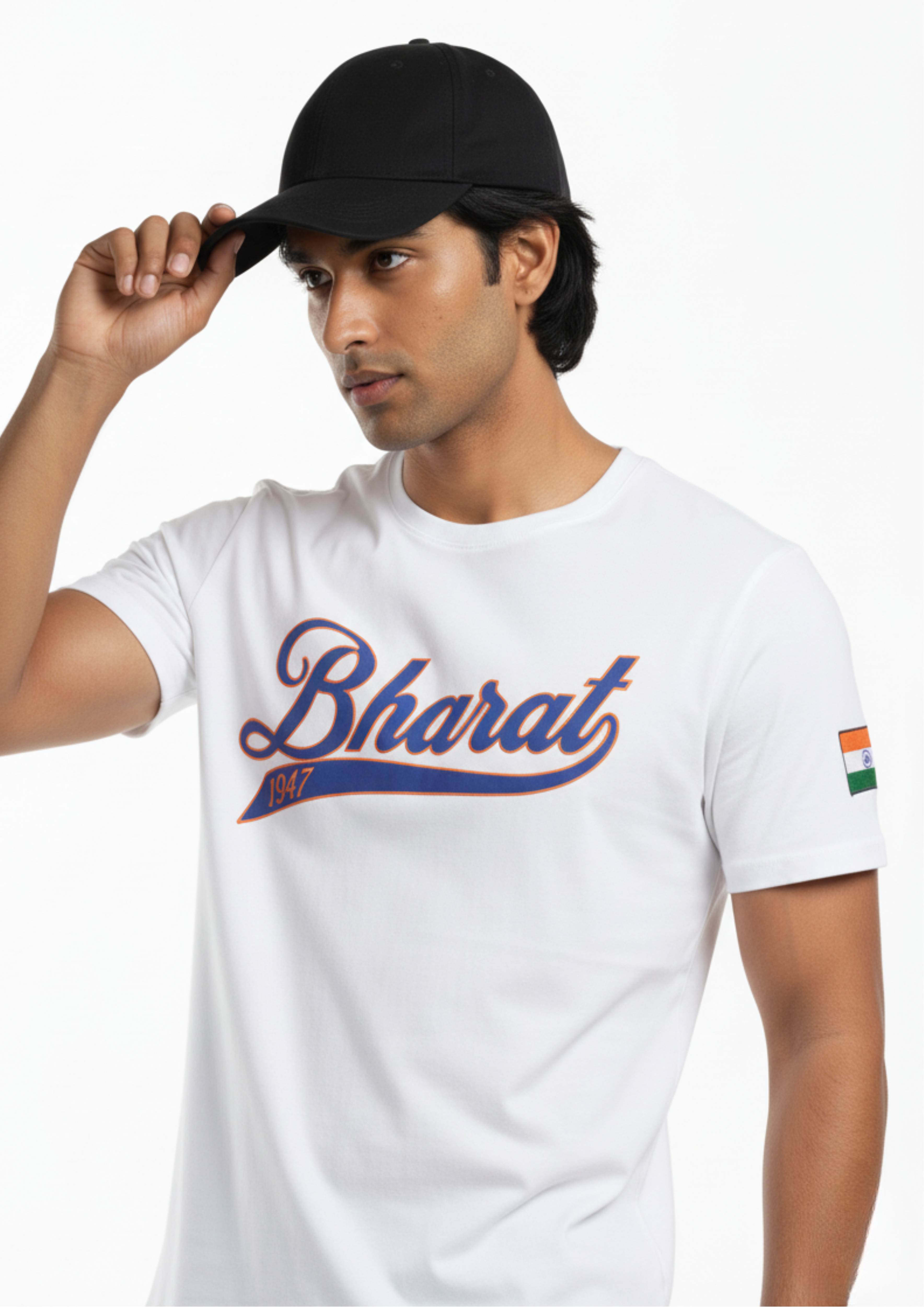 Man wearing a white t-shirt with 'Bharat' print and a cap on a white background